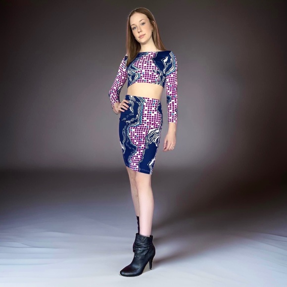 NEW HANDMADE Two piece outfit retro fitted skirt crop top coordinates - Picture 1 of 6